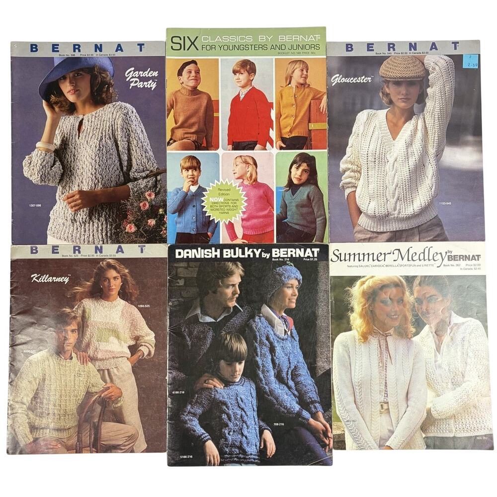 11 VTG Bernat Pattern Book Lot Sweater Scarf Hat Men Women Children 40+ Projects